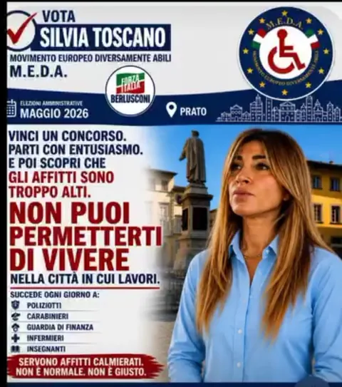 Manifesto elettorale «Vota Silvia Toscano, Movimento Europeo Diversamente Abili», elezioni amministrative maggio 2026 a Prato