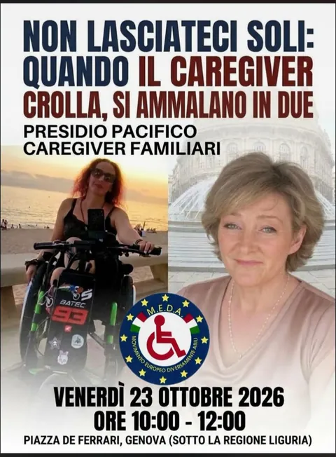 Locandina del presidio pacifico dei caregiver familiari «Non lasciateci soli: quando il caregiver crolla, si ammalano in due», venerdì 23 ottobre 2026 in Piazza De Ferrari a Genova